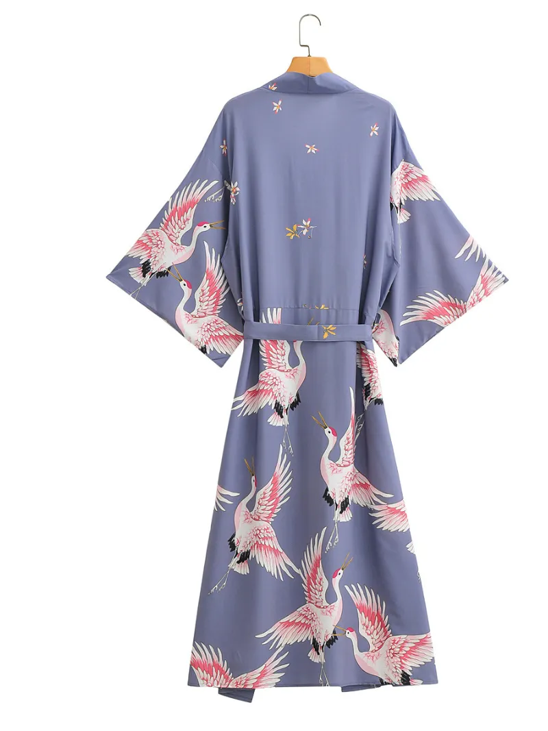 Bird Floral Long Kimono, beach cover up, long beach kimono