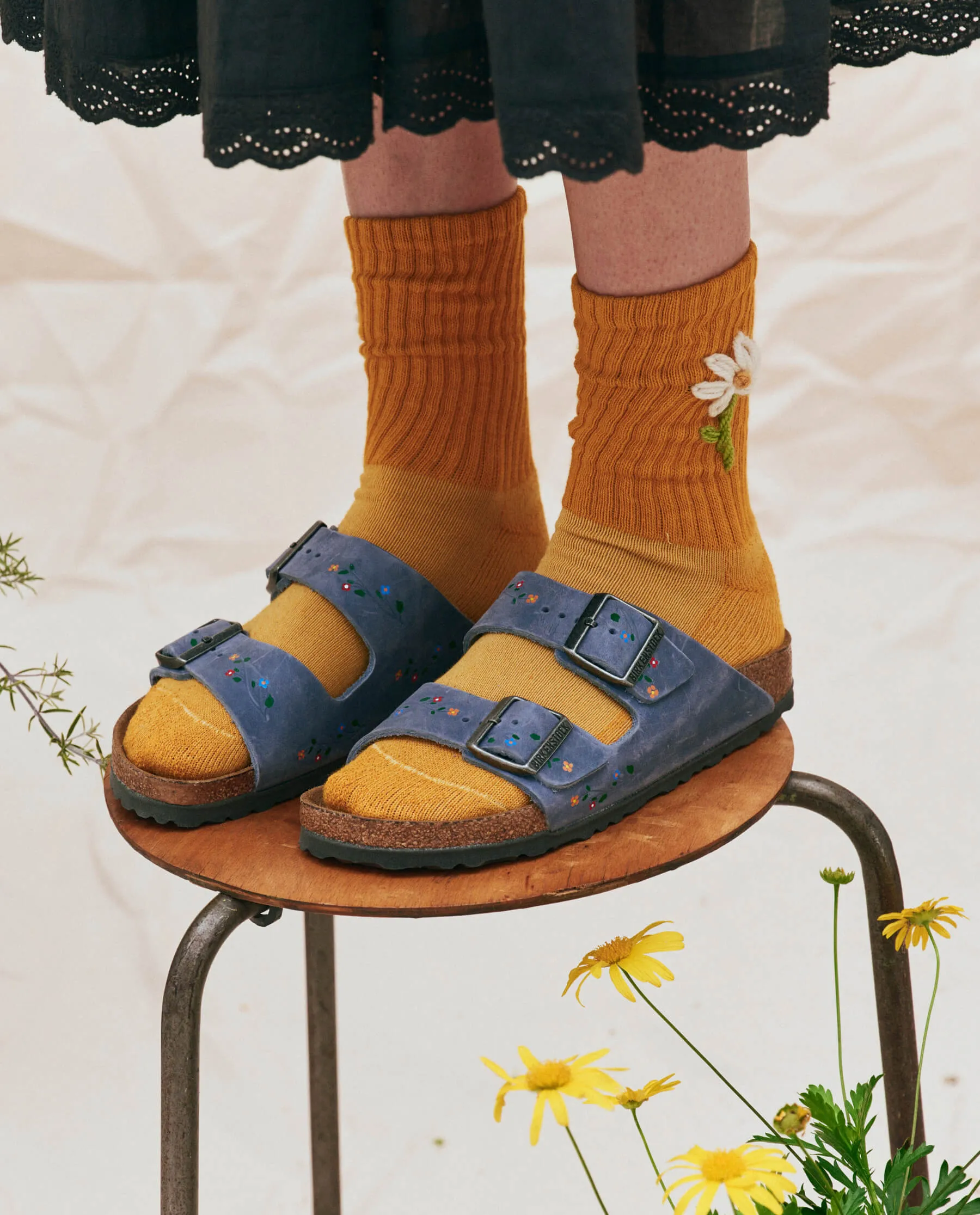 BIRKENSTOCK Arizona with Hand Painted Tooled Vine. -- Dusty Blue Oiled Leather with Multi