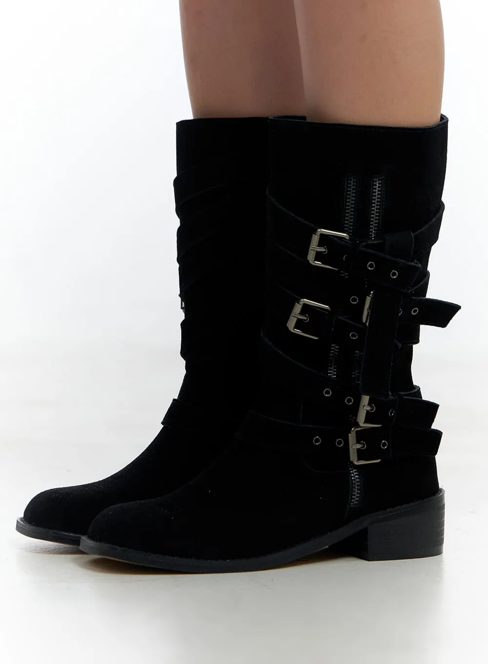 Buckle Leather Midi Boots CS424