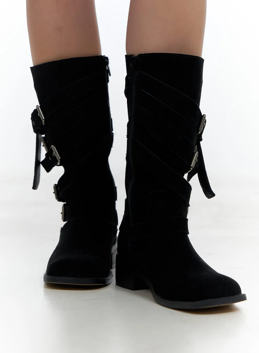 Buckle Leather Midi Boots CS424