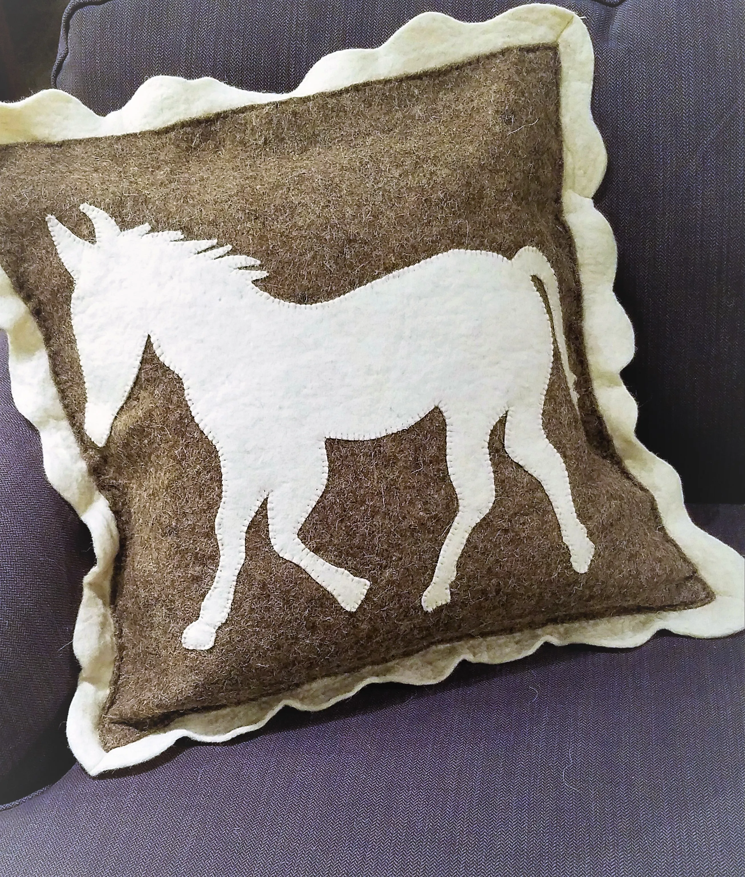 Handmade Pillow in Hand Felted Wool - Horse on Gray - 20"