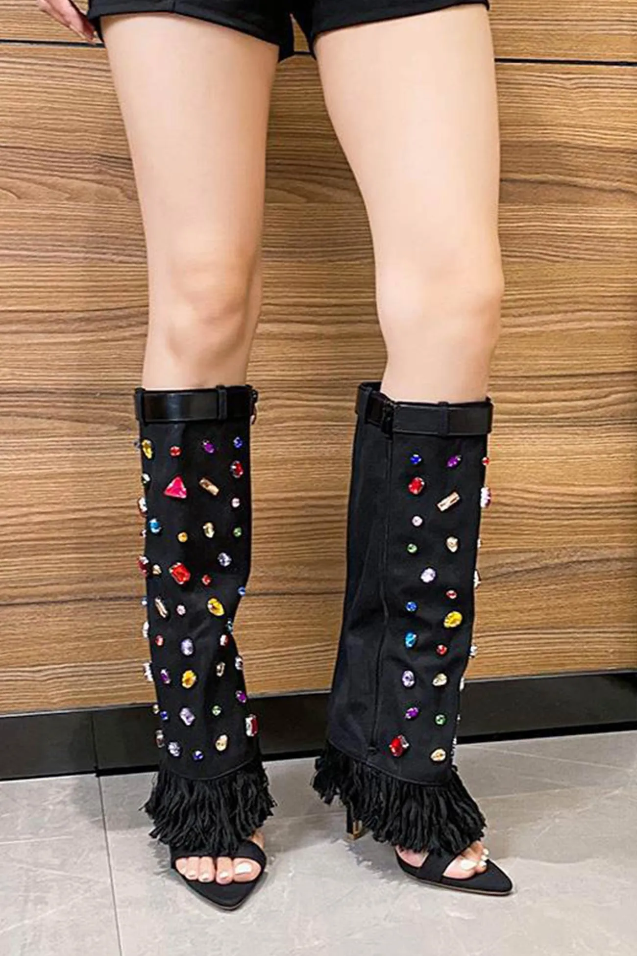 Rhinestone Denim High Heel Pointed Toe Boots