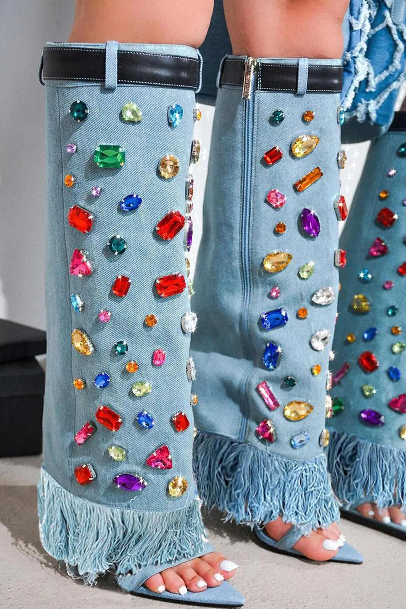 Rhinestone Denim High Heel Pointed Toe Boots