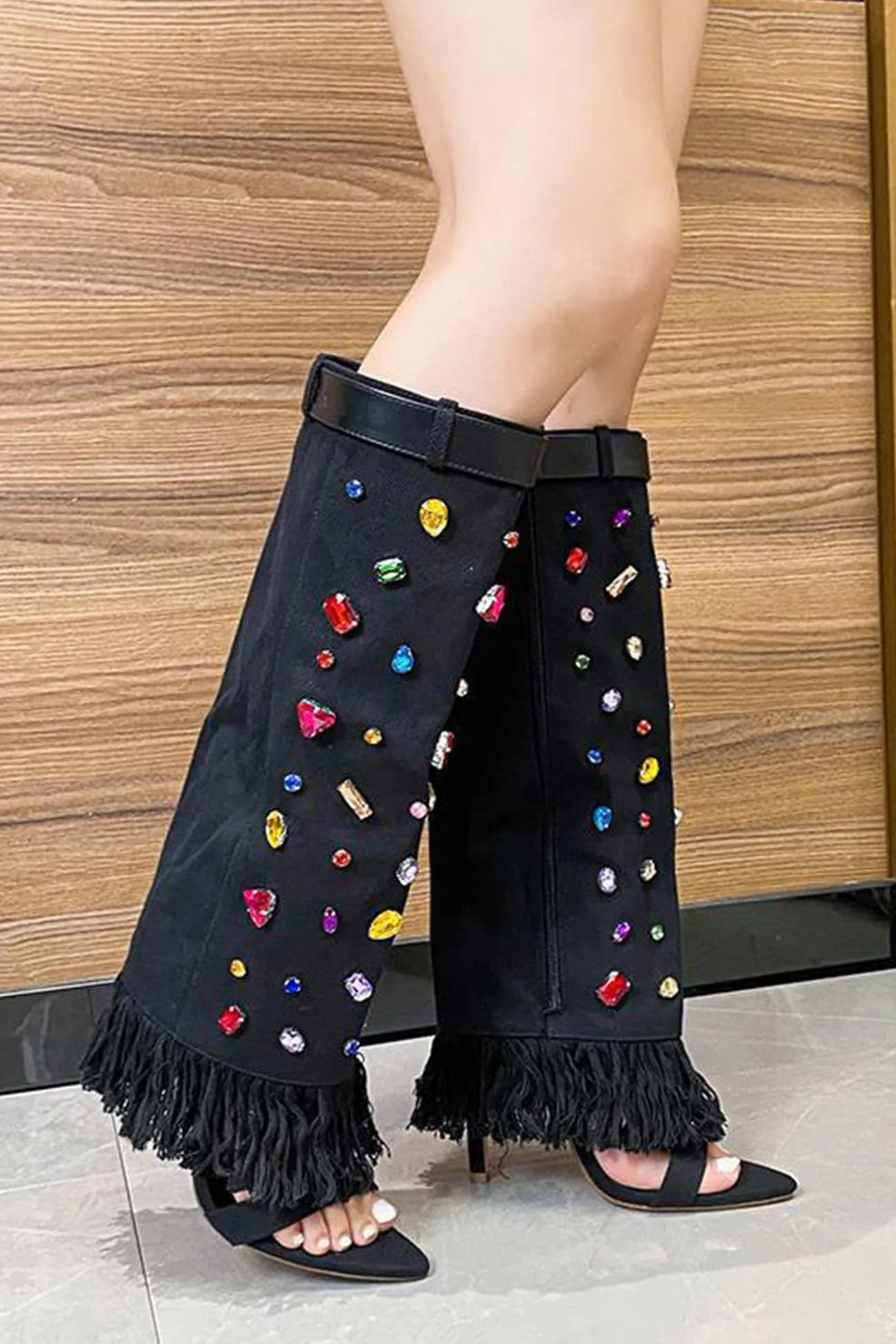 Rhinestone Denim High Heel Pointed Toe Boots