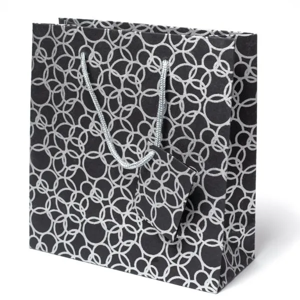 Set of Six Recycled Cotton Gift Bags with Tag in Black Circles Design