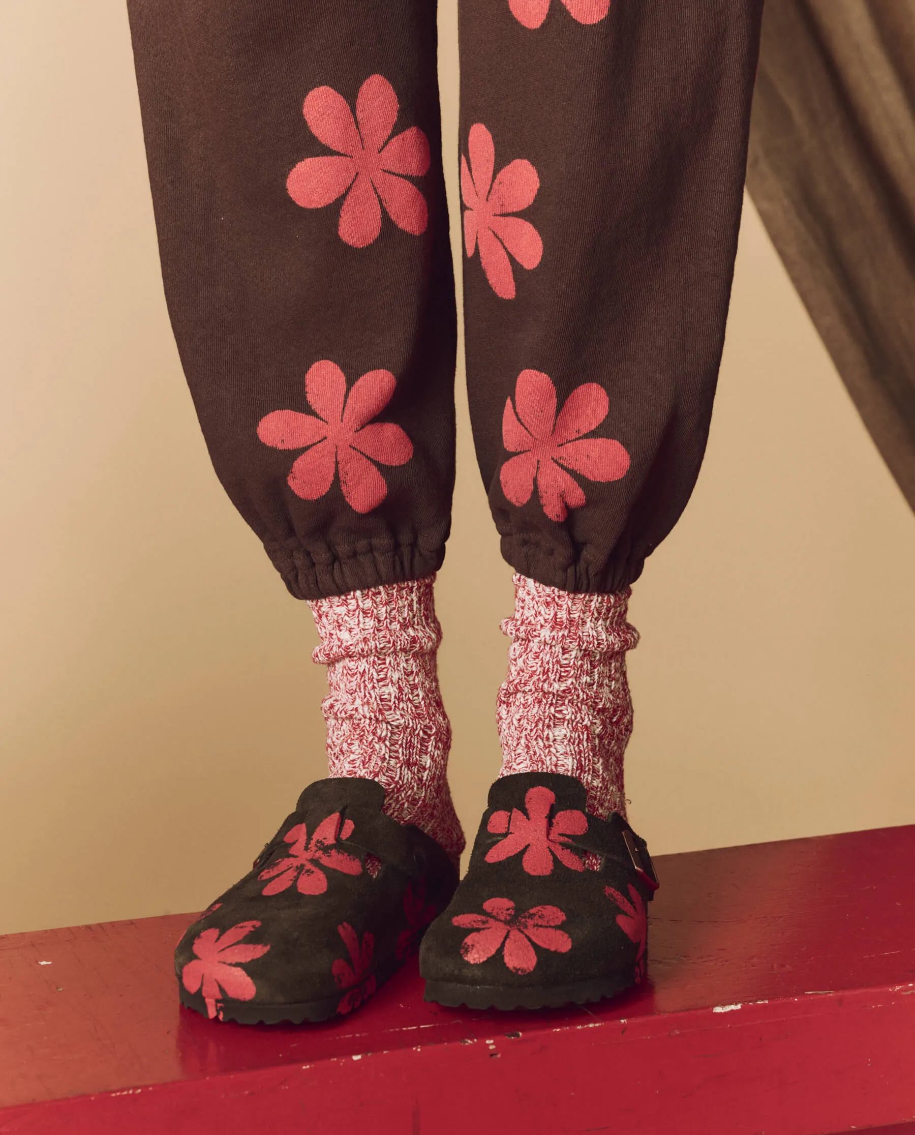 The Hand Stamped BIRKENSTOCK Boston. -- Mocha with Hot Red Daisy